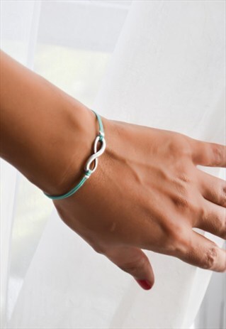 INFINITY BRACELET, TURQUOISE CORD WITH SILVER ENDLESS CHARM