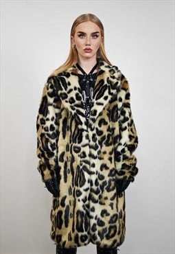 Brown leopard coat faux fur animal print trench spot jacket