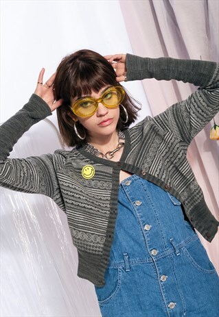 VINTAGE CARDI 90S ACID SMILEY PATCH CARDIGAN KNIT JUMPER