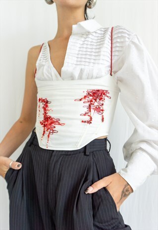 MERYL - WHITE CORSET WITH RED HAND-PAINTING AND BEADING