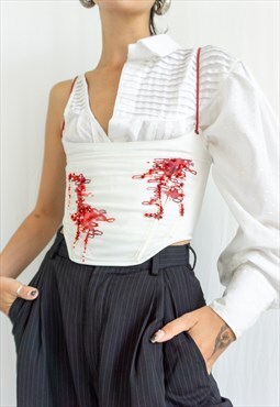 Meryl - White corset with red hand-painting and beading
