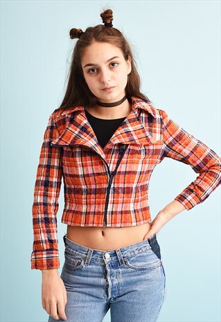 VINTAGE 70'S RETRO CHECKED TARTAN PATTERN CROP JACKET