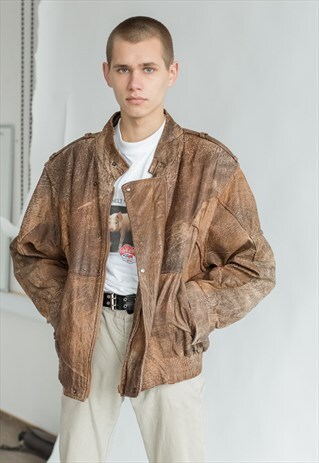 VINTAGE 80S ACID WASH LEATHER BOMBER JACKET