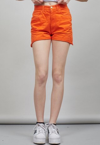 VINTAGE 90'S ORANGE MOSCHINO CUT OFF DENIM SHORTS