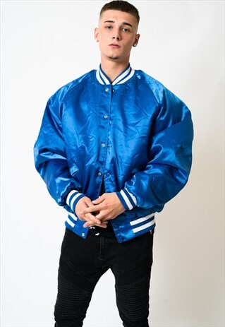 VINTAGE BLUE BASEBALL BOMBER JACKET XL