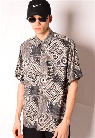VINTAGE 90S GREY ABSTRACT AZTEC SHORT SLEEVE SHIRT