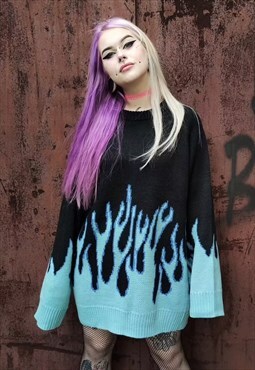 Flame print sweater fire knitted Korean jumper in black blue