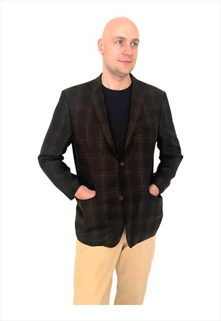 Vintage dark brown checkered classic 80's wool suit blazer