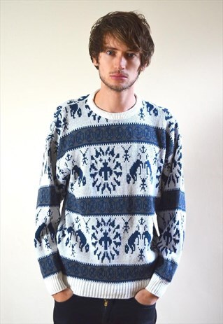 80S VINTAGE WHITE & BLUE KNIT JUMPER