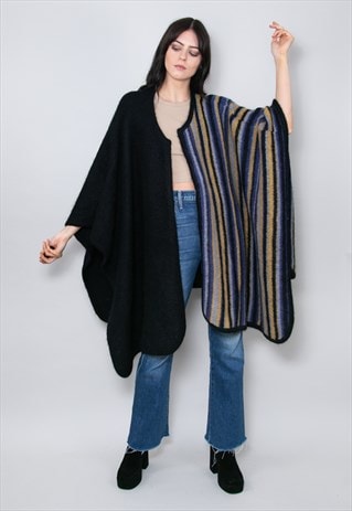 80's Ladies Vintage Cape Wool Black Blue Stripe One Size