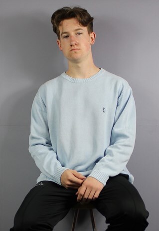 VINTAGE YSL CABLE KNIT SWEATSHIRT IN BLUE WITH EMBROIDERED L