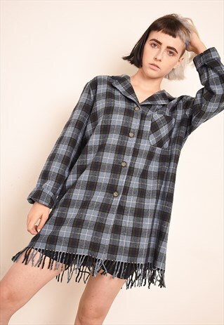 VINTAGE 90'S RETRO TARTAN CHECKED FRINGED SHIRT TOP