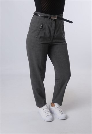 HIGH WAISTED TROUSERS CHECKED PRINT TAPERED LEG UK 12 (BJ4W)