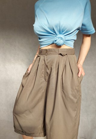 VINTAGE KHAKI CULOTTES, WIDE RETRO SHORTS, HIGH WAIST SHORTS