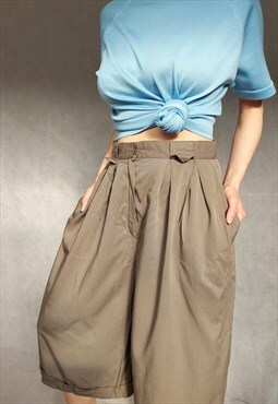 Vintage Khaki Culottes, Wide Retro Shorts, High Waist Shorts