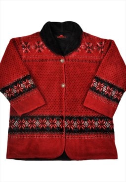 Vintage Fleece Jacket Retro Pattern Red Ladies XL