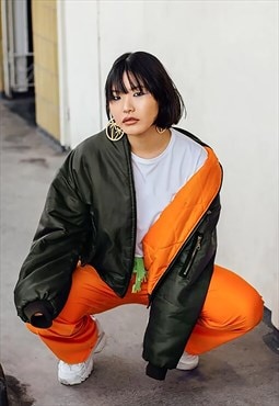 Women's Heavyweight Bomber Jacket - Green/Orange 