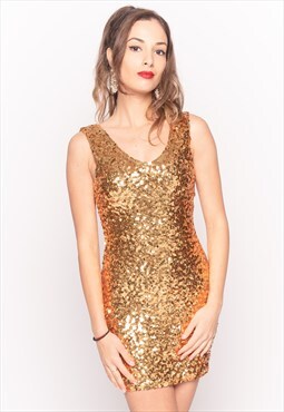 Plain Gold color Sequin V-neck Sleeveless Party Dress