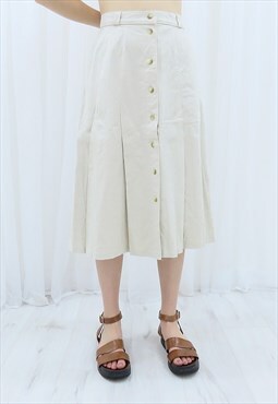90s Vintage Cream Linen Midi Skirt