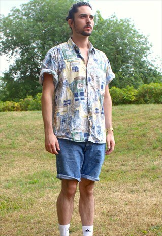 VINTAGE 90S ART AZTEC NERD SHIRT - LARGE - FESTIVAL ABSTRACT