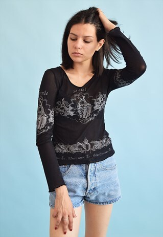 90'S RETRO MESH GRUNGE SHEER STRETCH TOP