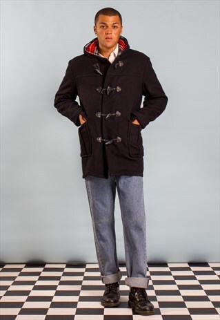 70S VINTAGE DUFFLE COAT IN NAVY BLUE WITH TARTAN LINING WOOL