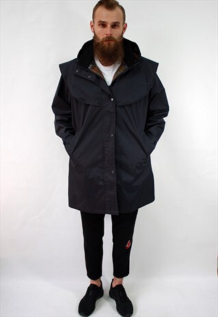VINTAGE 80'S CLASSIC NAVY BLUE DUSTER COAT WITH A HOOD