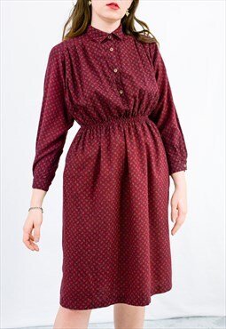 70s vintage dress in burgundy red long sleeve