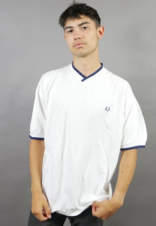 WHITE FRED PERRY V NECK T-SHIRT
