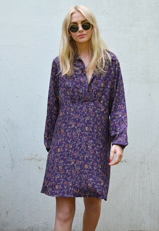 VINTAGE 90S PURPLE FLORAL LONG SLEEVE SUMMER MINI DRESS