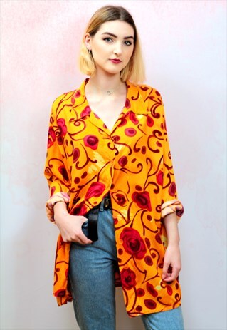 1990S VINTAGE ORANGE OVERSIZED SHIRT WITH RED FLORAL PATTERN