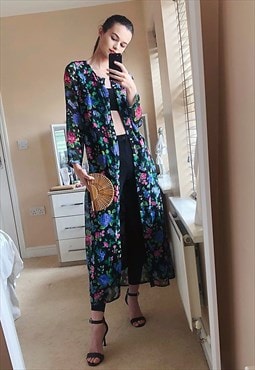 Classic Floral print chiffon shirt dress cardigan 