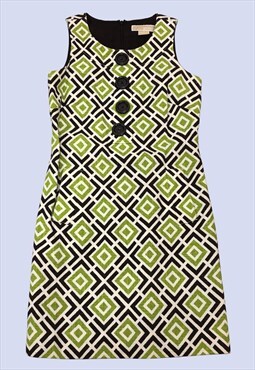 Green Brown Geometric Patterned Shift Pencil Dress Retro 60s