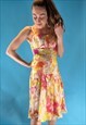 VINTAGE 1980S YELLOW FLORAL ABSTRACT DRESS WATERFALL SKIRT