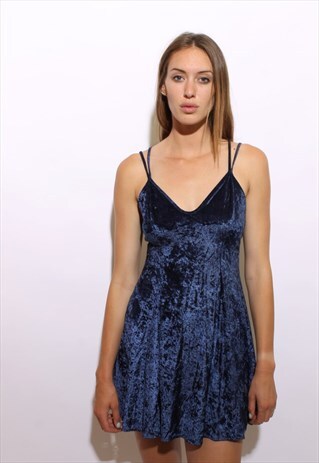 VINTAGE 1990'S 90'S CRUSHED BLUE VELVET MINI DRESS S-M