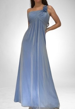 Vintage Blue Chiffon Maxi Prom Ball Bridesmaid Dress
