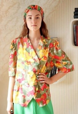 Bright green yellow red vintage short sleeve blouse shirt