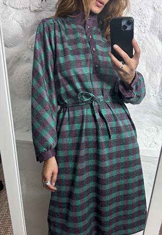 Vintage 70s Plaid Midi Tie waisted Dress - M - L