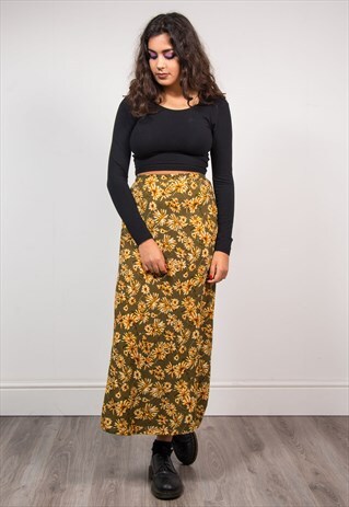 RETRO GREEN FLORAL PATTERN SUMMER BOHO FESTIVAL MAXI SKIRT