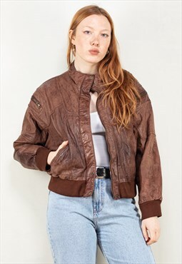 Vintage 90's Women Leather Bomber Jacket in Brown