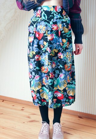 BLACK COLOURFUL FLOWERS MIDI SKIRT