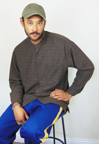 90S MINIMALIST TEXTURED BROWN ROUND COLLAR SHIRT LARGE