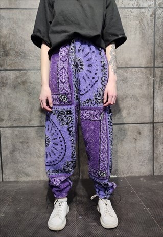 70S PAISLEY FLEECE JOGGERS HAND MADE BANDANA OVERALLS PURPLE