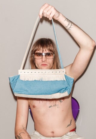 VINTAGE Y2K DENIM / SUEDE SHOULDER BAG IN BLUE / BEIGE