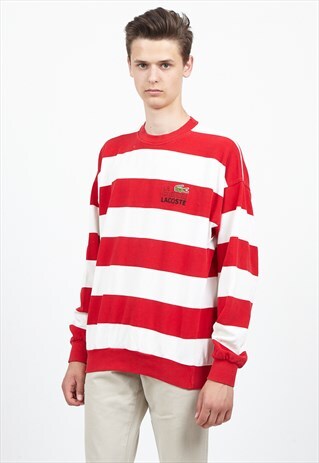 VINTAGE RED WHITE LACOSTE CREW NECK STRIPED LONG SLEEVE TOP