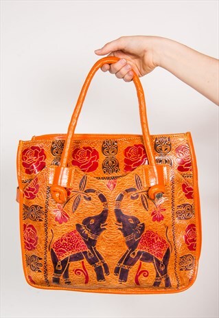 VINTAGE 90'S ORANGE LEATHER ELEPHANT PATTERN TOTE BAG