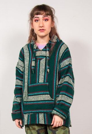 VINTAGE 90'S GREEN STRIPED KNIT BAJA HOODIE