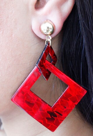 RED GEOMETRIC ACRYLIC DROP DANGLE EARRINGS