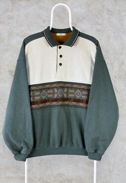 Vintage St Michael Patterned Sweatshirt Polo Collar Green M