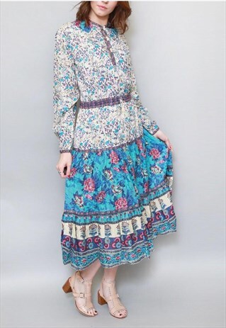 VINTAGE 1970'S BLUE FLORAL PRINT BOHO STYLE MAXI DRESS